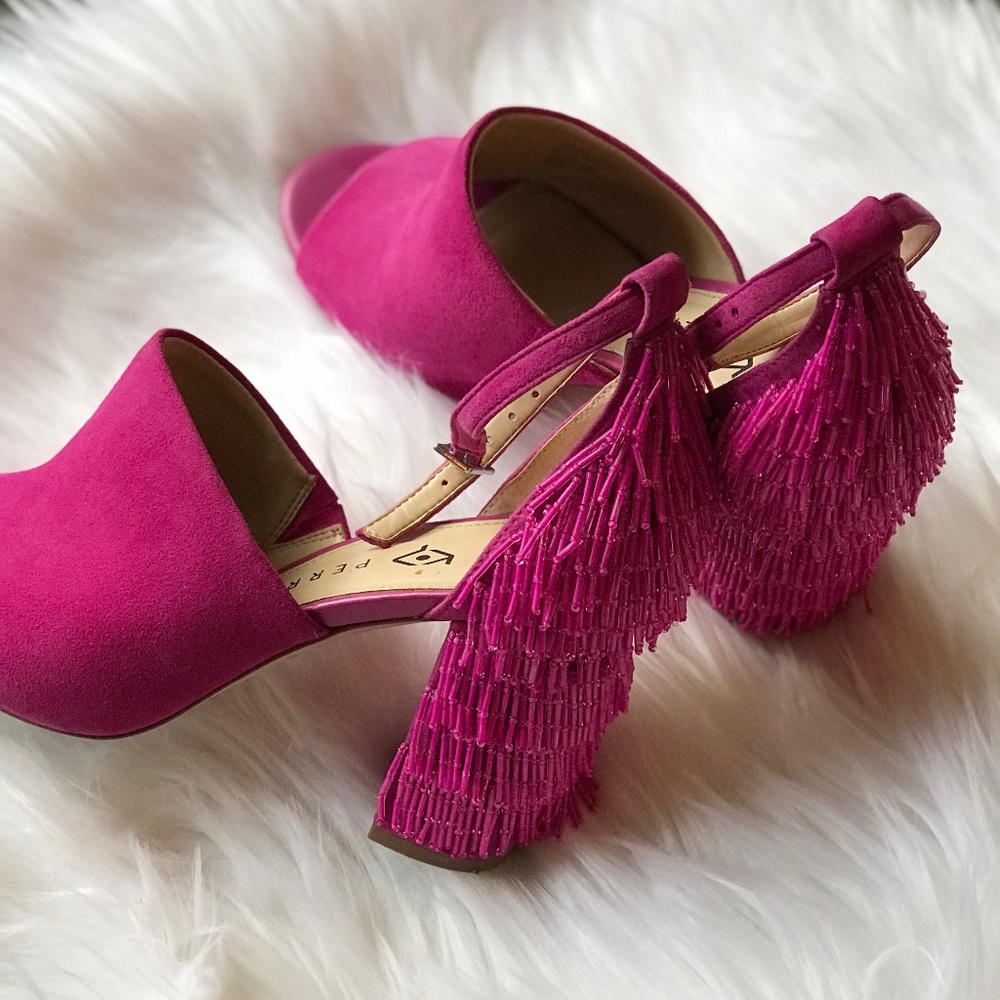 Suede Magenta Beaded Fringed Heels 8.5